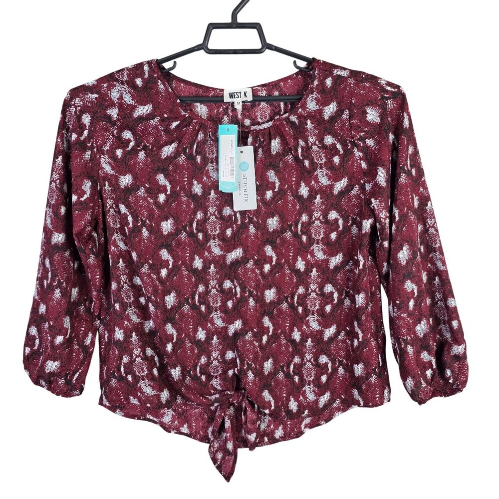 Womens West K Burgundy Casiya Tie Front Blouse Long Sleeve Polyester Size M
